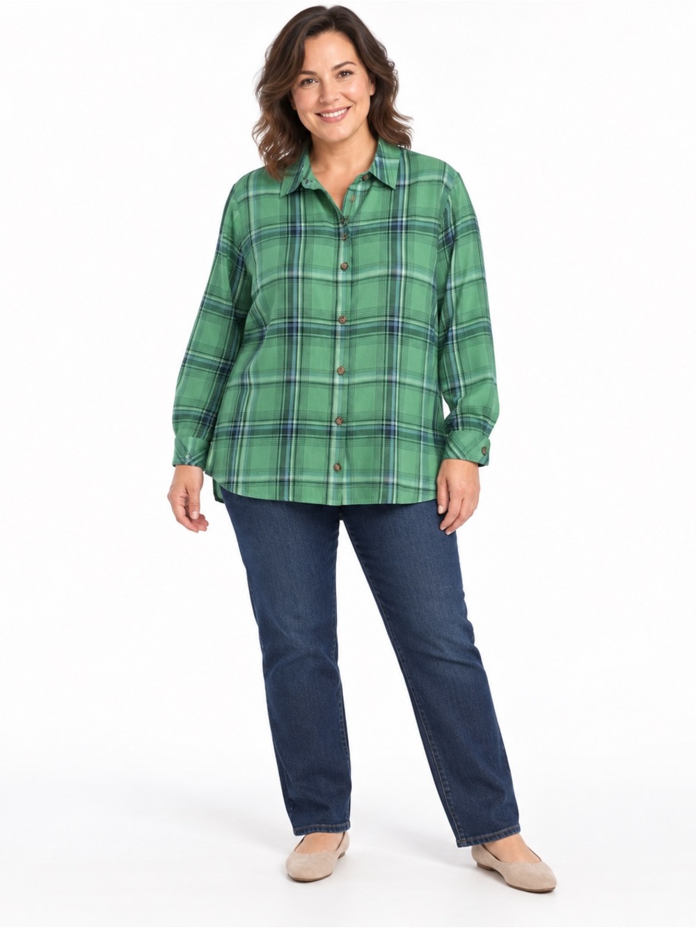 J.Jill Large Petite Green Plaid Button Front Long Sleeve Blouse
